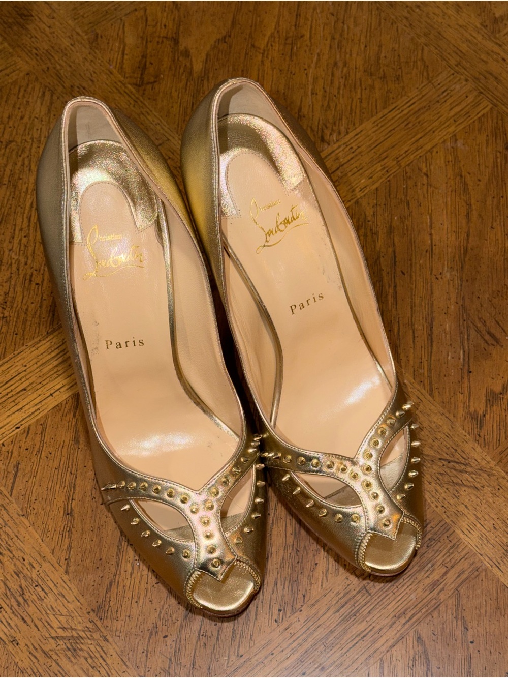 Christian Louboutin Metallic Gold Studded Peep-Toe Pumps